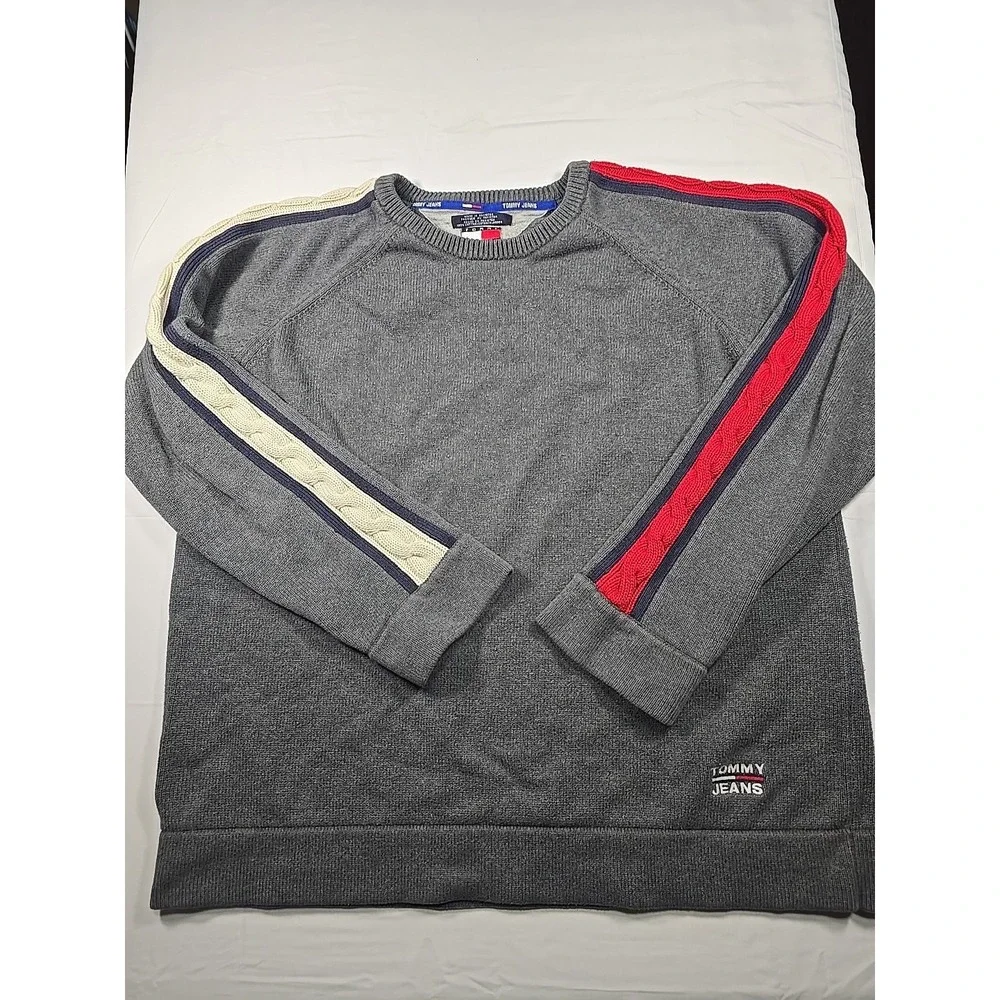 Vintage Y2K Tommy Jeans‎ Stripe Sweater Gray Logo Men's XL